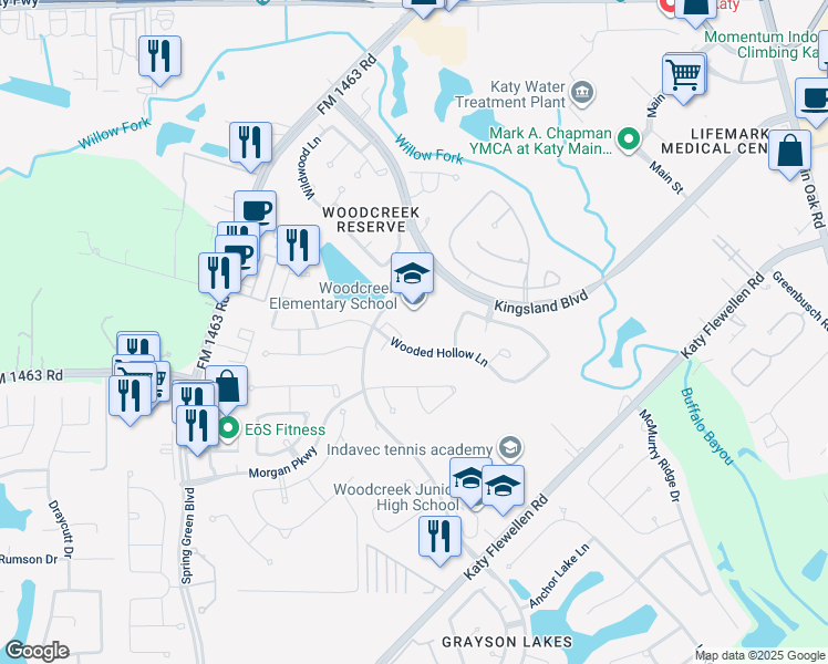 map of restaurants, bars, coffee shops, grocery stores, and more near 1155 Woodcreek Bend Lane in Katy