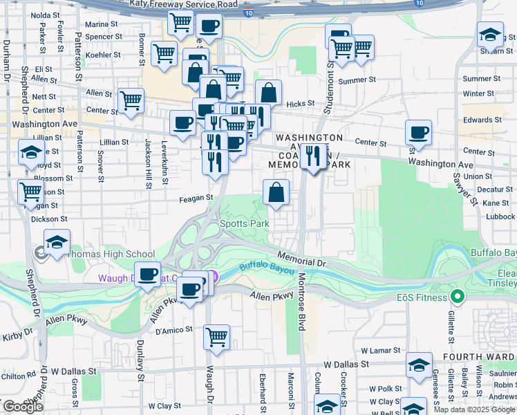 map of restaurants, bars, coffee shops, grocery stores, and more near 513 Wagner Street in Houston
