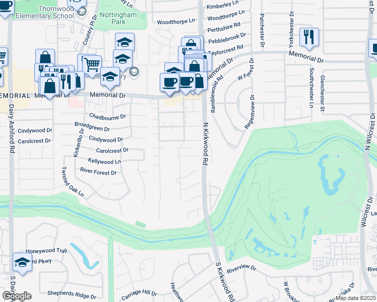 map of restaurants, bars, coffee shops, grocery stores, and more near 14110 Cindywood Circle in Houston