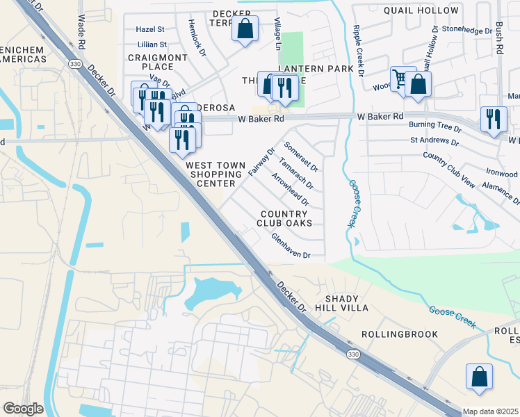 map of restaurants, bars, coffee shops, grocery stores, and more near 5109 Ashwood Drive in Baytown