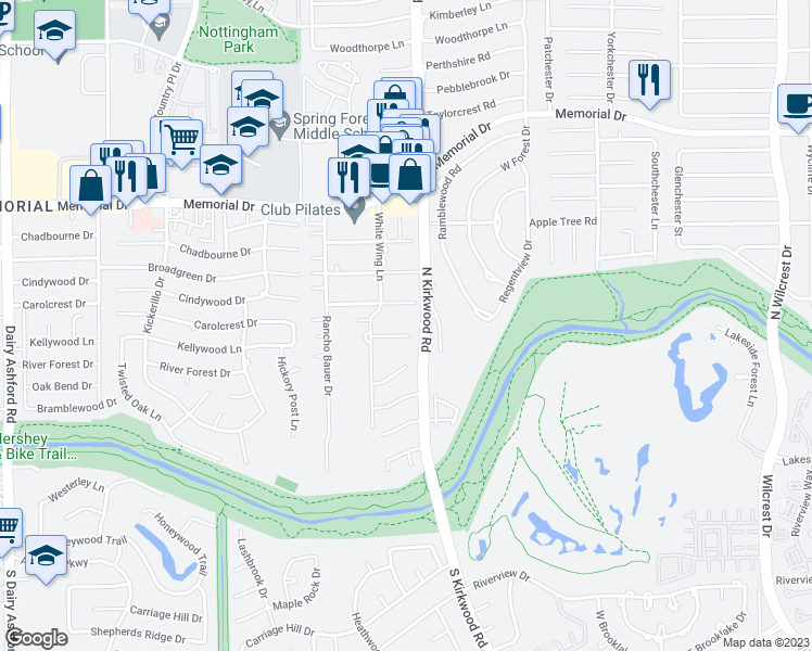 map of restaurants, bars, coffee shops, grocery stores, and more near 14110 Cindywood Cir in Houston