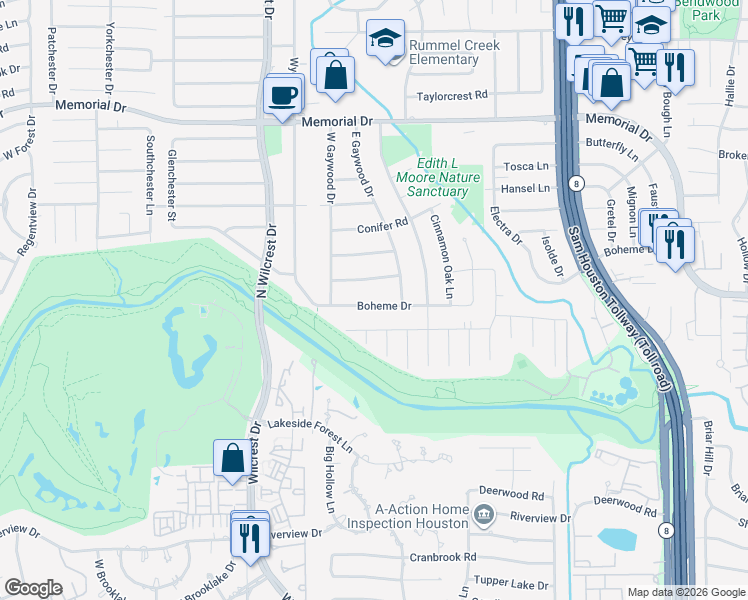 map of restaurants, bars, coffee shops, grocery stores, and more near 13118 Boheme Drive in Houston