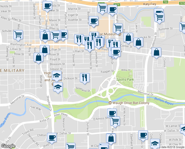 map of restaurants, bars, coffee shops, grocery stores, and more near 510 Jackson Hill Street in Houston
