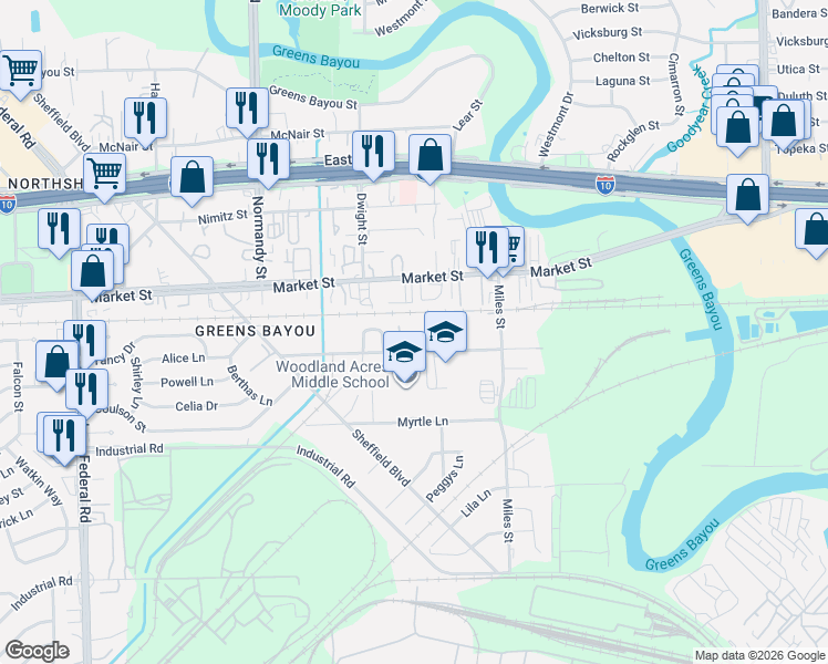 map of restaurants, bars, coffee shops, grocery stores, and more near 12929 Sarahs Lane in Houston