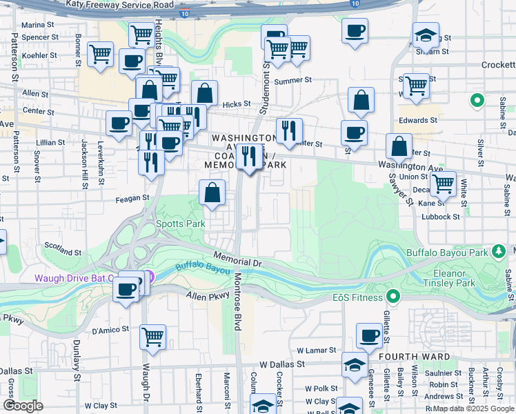 map of restaurants, bars, coffee shops, grocery stores, and more near 616 Memorial Heights Drive in Houston