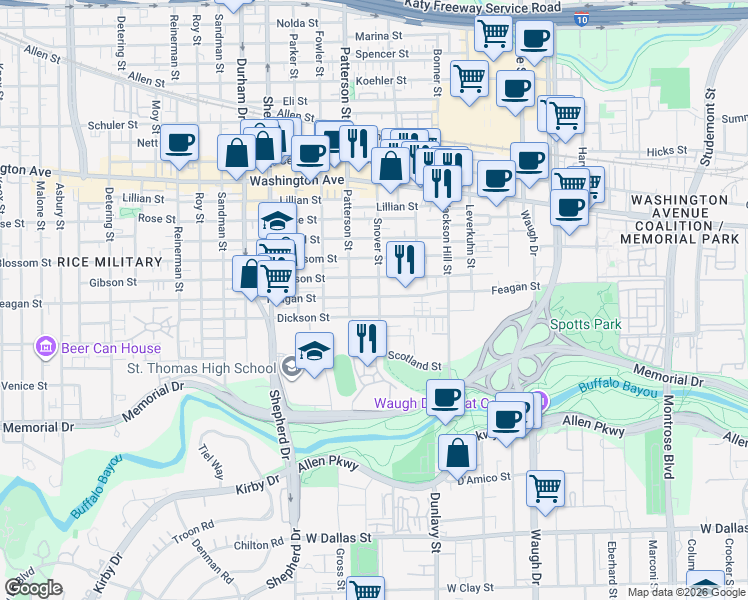 map of restaurants, bars, coffee shops, grocery stores, and more near 4317B Feagan Street in Houston