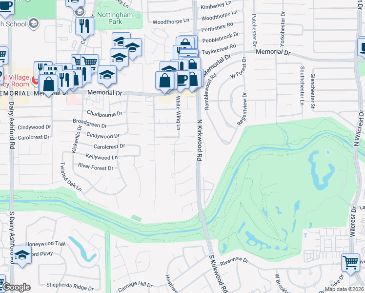 map of restaurants, bars, coffee shops, grocery stores, and more near 14110 Cindywood Circle in Houston