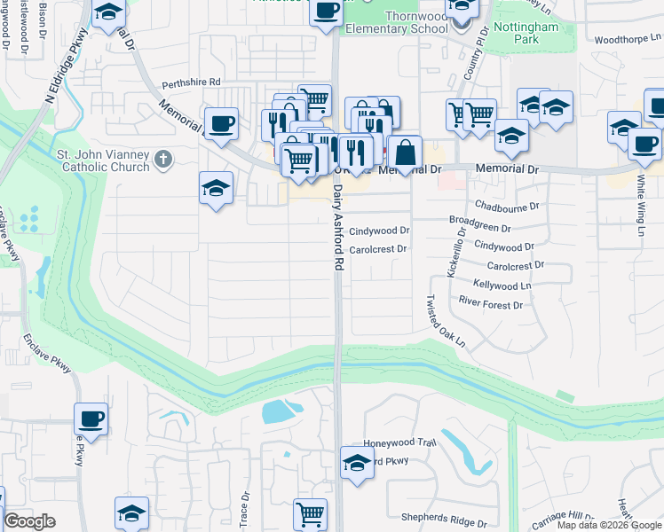 map of restaurants, bars, coffee shops, grocery stores, and more near 14611 Carolcrest Drive in Houston