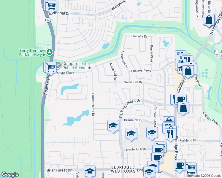 map of restaurants, bars, coffee shops, grocery stores, and more near 1111 Parkhaven Lane in Houston