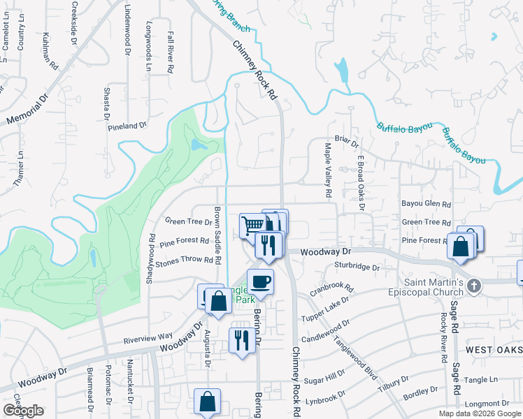 map of restaurants, bars, coffee shops, grocery stores, and more near 5737 Bayou Glen Road in Houston