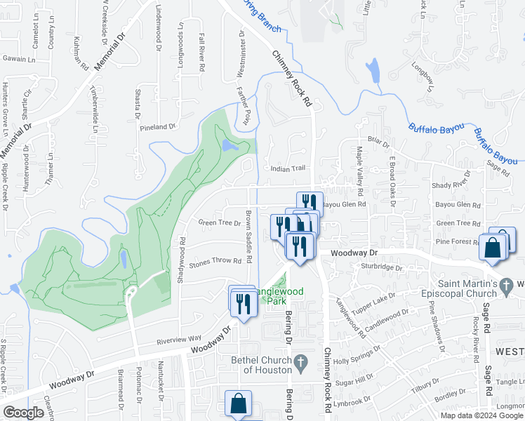map of restaurants, bars, coffee shops, grocery stores, and more near 5839 Bayou Glen Road in Houston