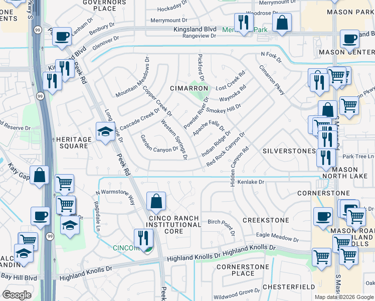 map of restaurants, bars, coffee shops, grocery stores, and more near 1131 Western Springs Drive in Katy