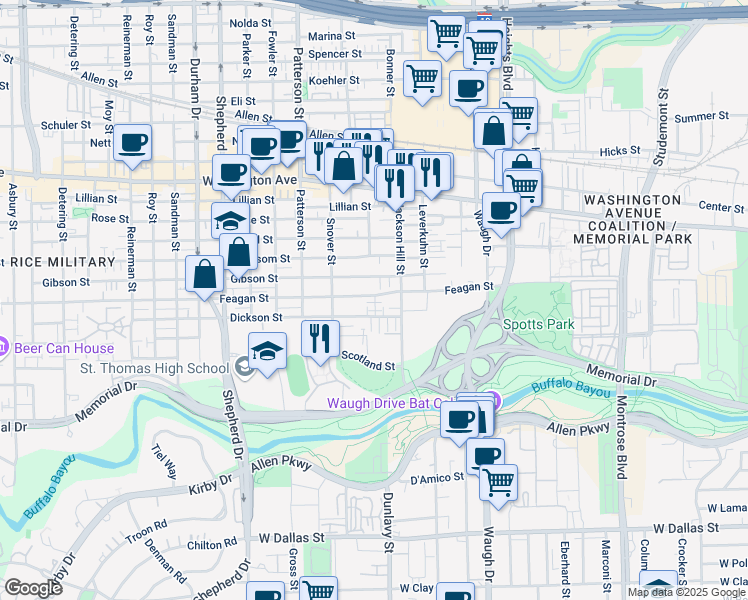 map of restaurants, bars, coffee shops, grocery stores, and more near 4229 Feagan Street in Houston