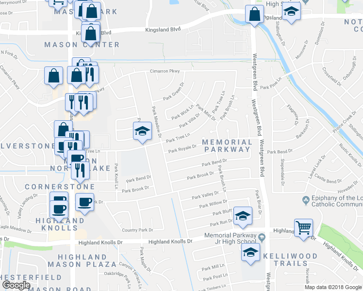 map of restaurants, bars, coffee shops, grocery stores, and more near 21414 Park Royale Drive in Katy
