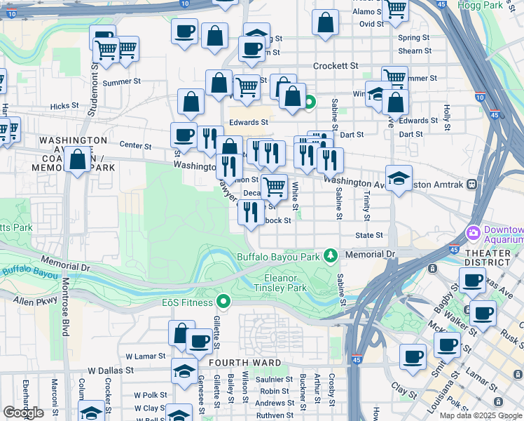 map of restaurants, bars, coffee shops, grocery stores, and more near 2119 Kane Street in Houston