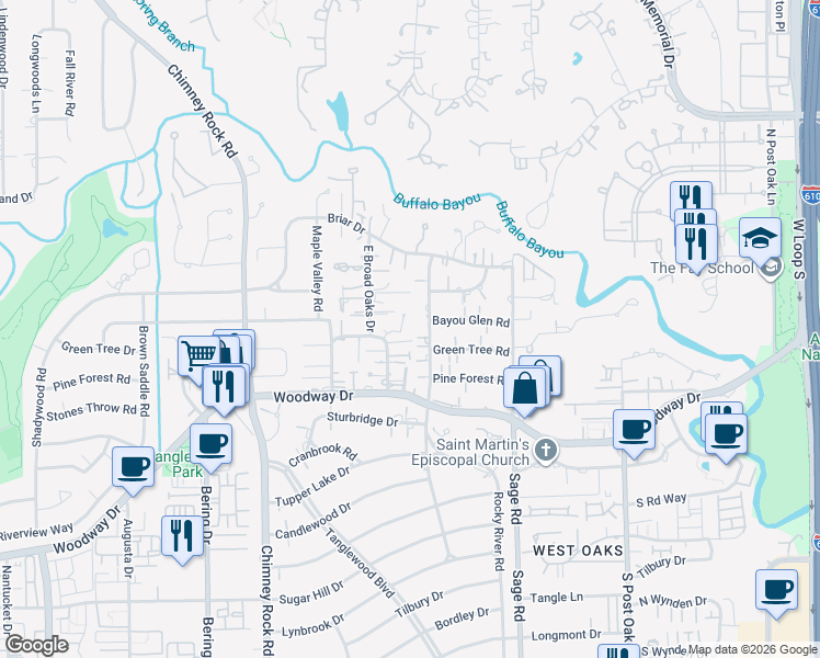 map of restaurants, bars, coffee shops, grocery stores, and more near 24 East Broad Oaks Drive in Houston