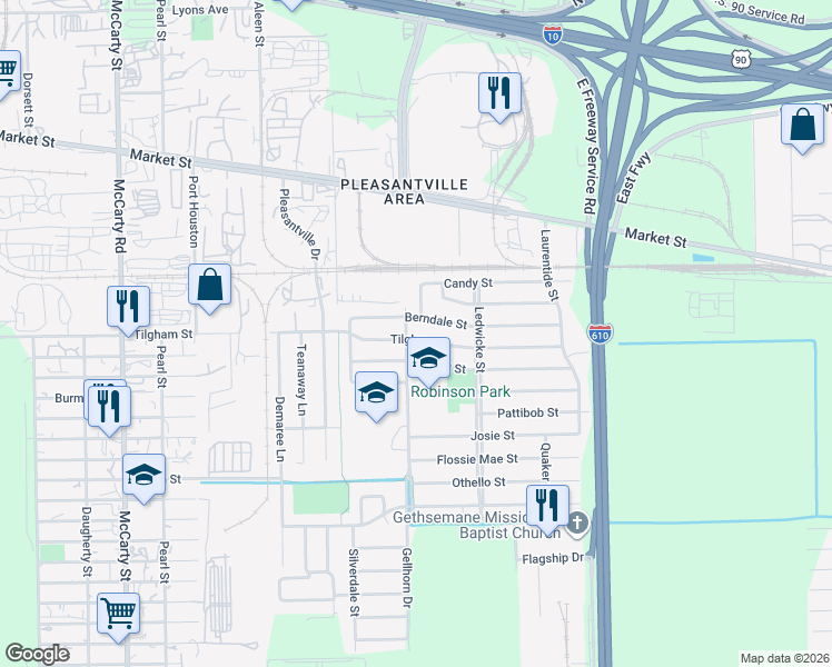 map of restaurants, bars, coffee shops, grocery stores, and more near 8607 Tilgham Street in Houston