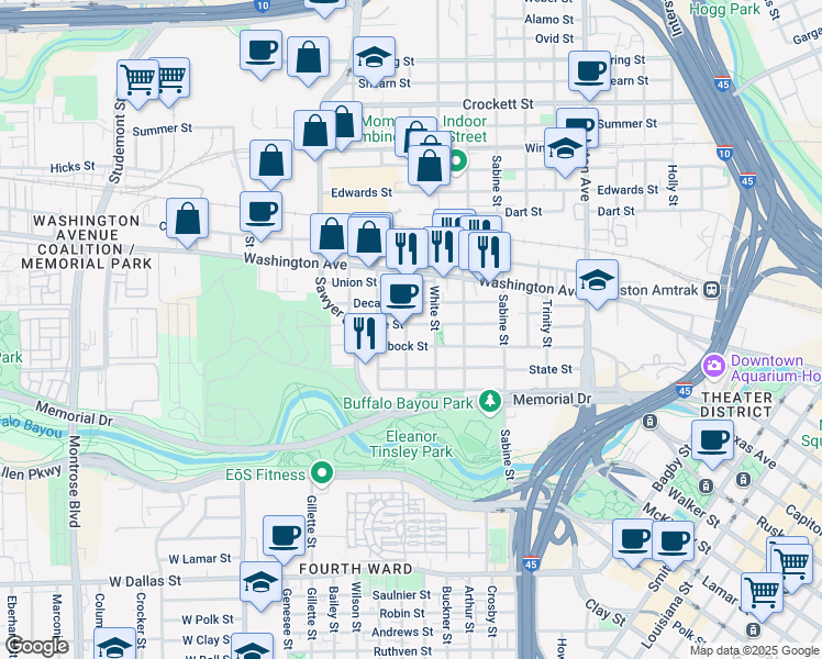 map of restaurants, bars, coffee shops, grocery stores, and more near 2015 Kane Street in Houston