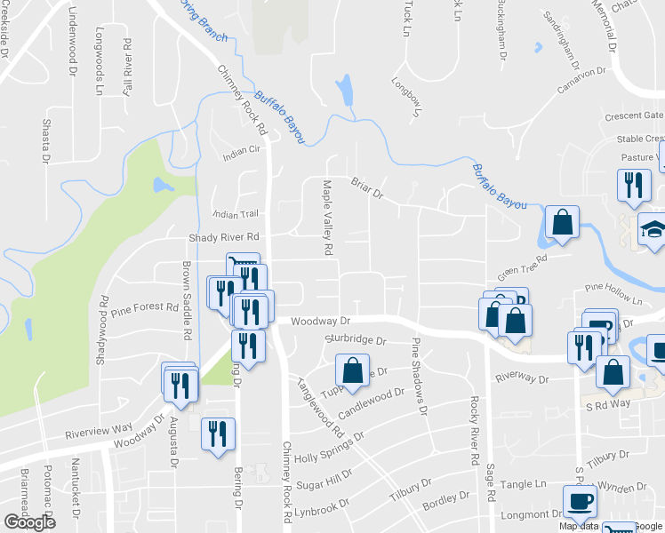 map of restaurants, bars, coffee shops, grocery stores, and more near 5605 Bayou Glen Road in Houston