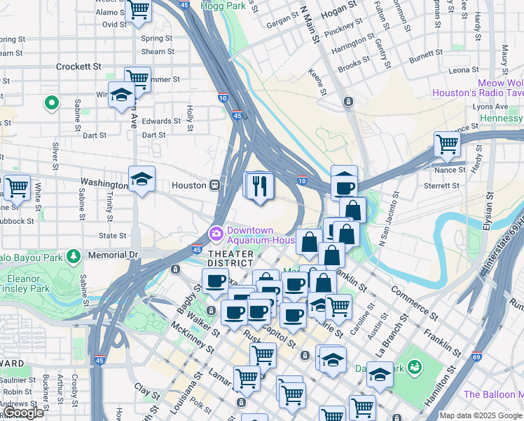 map of restaurants, bars, coffee shops, grocery stores, and more near 401 Franklin Street in Houston