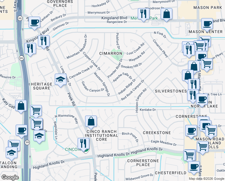 map of restaurants, bars, coffee shops, grocery stores, and more near 1131 Western Springs Drive in Katy