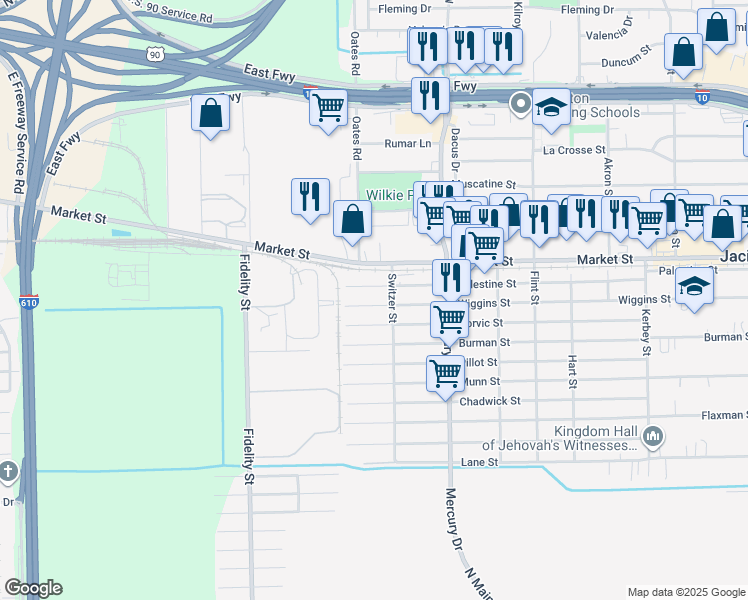 map of restaurants, bars, coffee shops, grocery stores, and more near 10134 Palestine Street in Houston