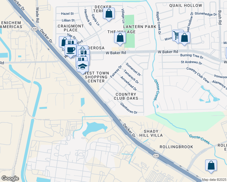 map of restaurants, bars, coffee shops, grocery stores, and more near 5109 Ashwood Drive in Baytown