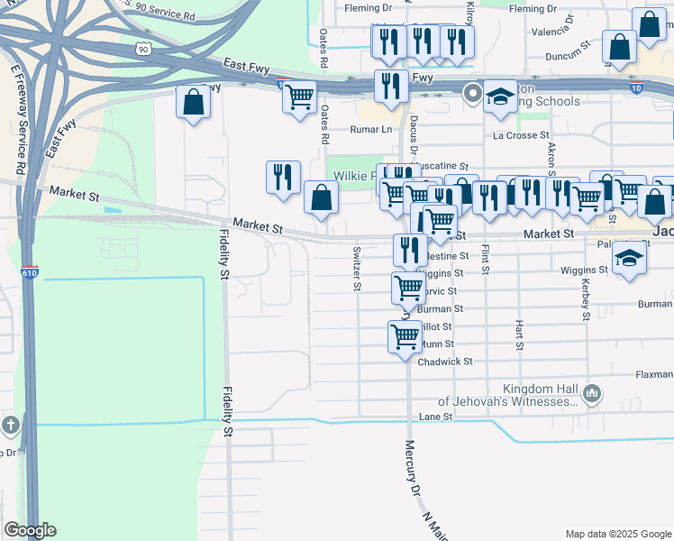 map of restaurants, bars, coffee shops, grocery stores, and more near 10134 Palestine Street in Houston