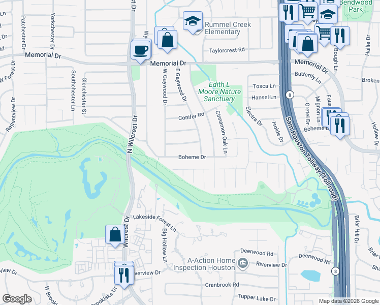 map of restaurants, bars, coffee shops, grocery stores, and more near 13118 Boheme Drive in Houston