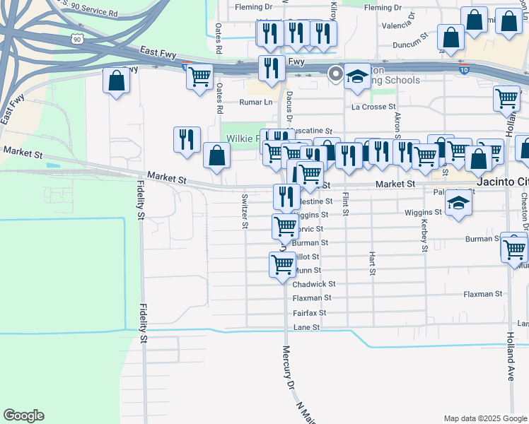 map of restaurants, bars, coffee shops, grocery stores, and more near 10225 Wiggins Street in Houston