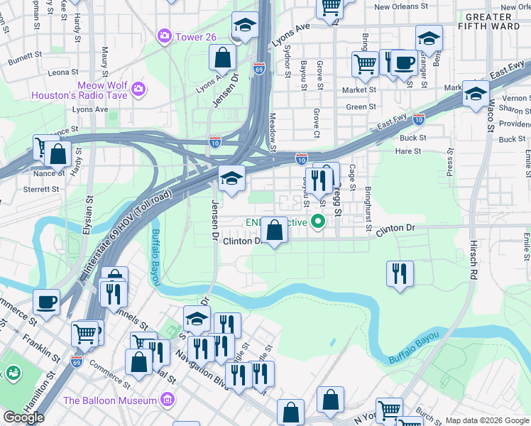 map of restaurants, bars, coffee shops, grocery stores, and more near 421 Meadow Street in Houston