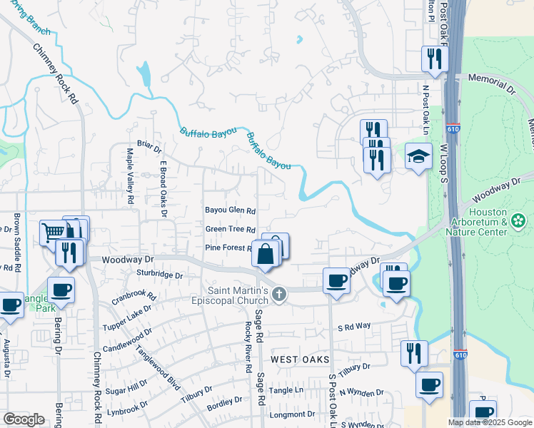 map of restaurants, bars, coffee shops, grocery stores, and more near 301 Sage Road in Houston