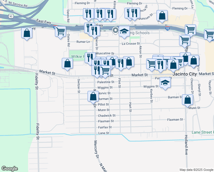 map of restaurants, bars, coffee shops, grocery stores, and more near 10341 Wiggins St in Houston
