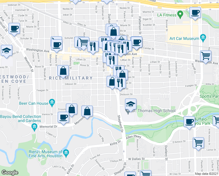 map of restaurants, bars, coffee shops, grocery stores, and more near 4902 Feagan Street in Houston