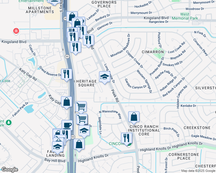 map of restaurants, bars, coffee shops, grocery stores, and more near 1076 South Peek Road in Katy