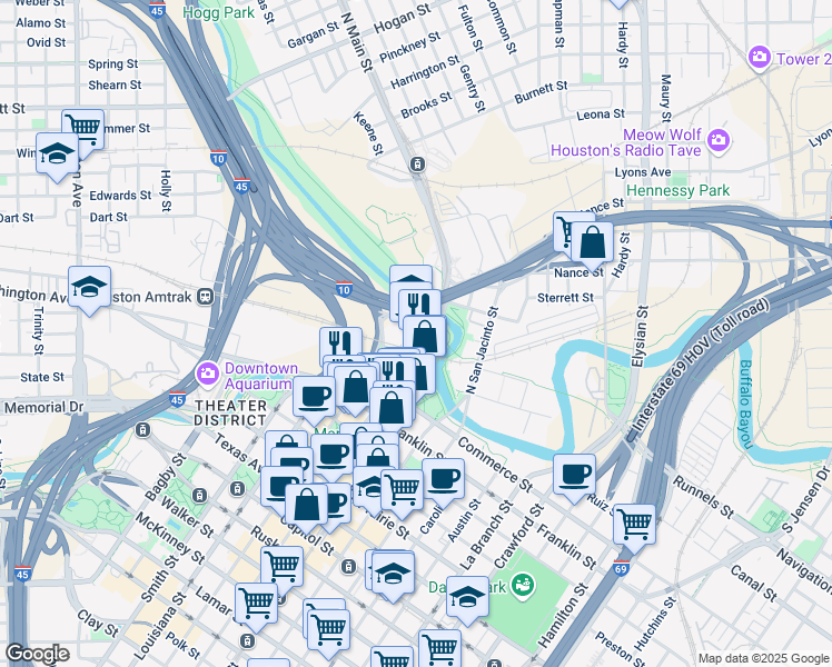 map of restaurants, bars, coffee shops, grocery stores, and more near 1 Main Street in Houston