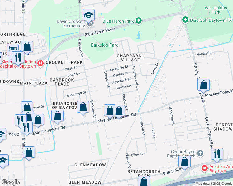 map of restaurants, bars, coffee shops, grocery stores, and more near 1104 Sagebrush Trail in Baytown