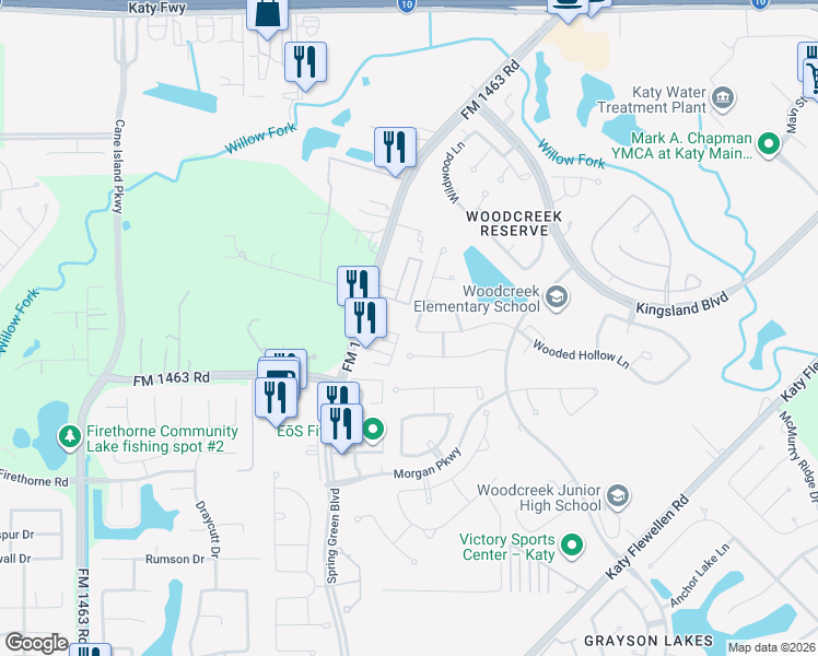 map of restaurants, bars, coffee shops, grocery stores, and more near 1230 Falling Water Lane in Katy