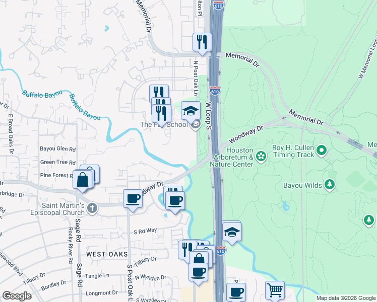 map of restaurants, bars, coffee shops, grocery stores, and more near 99 North Post Oak Lane in Houston