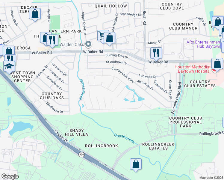 map of restaurants, bars, coffee shops, grocery stores, and more near 4007 Spurwing Lane in Baytown