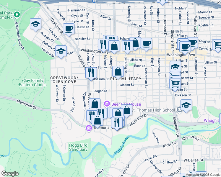 map of restaurants, bars, coffee shops, grocery stores, and more near 5504 Feagan Street in Houston