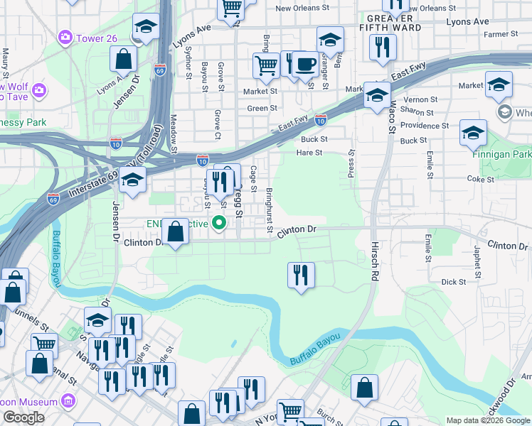 map of restaurants, bars, coffee shops, grocery stores, and more near 332 Cage Street in Houston