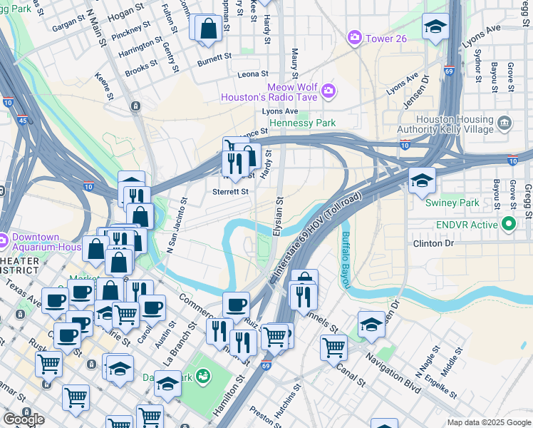 map of restaurants, bars, coffee shops, grocery stores, and more near 622-692 McKee Street in Houston