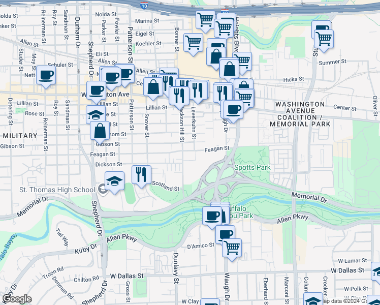 map of restaurants, bars, coffee shops, grocery stores, and more near 510 Jackson Hill Street in Houston