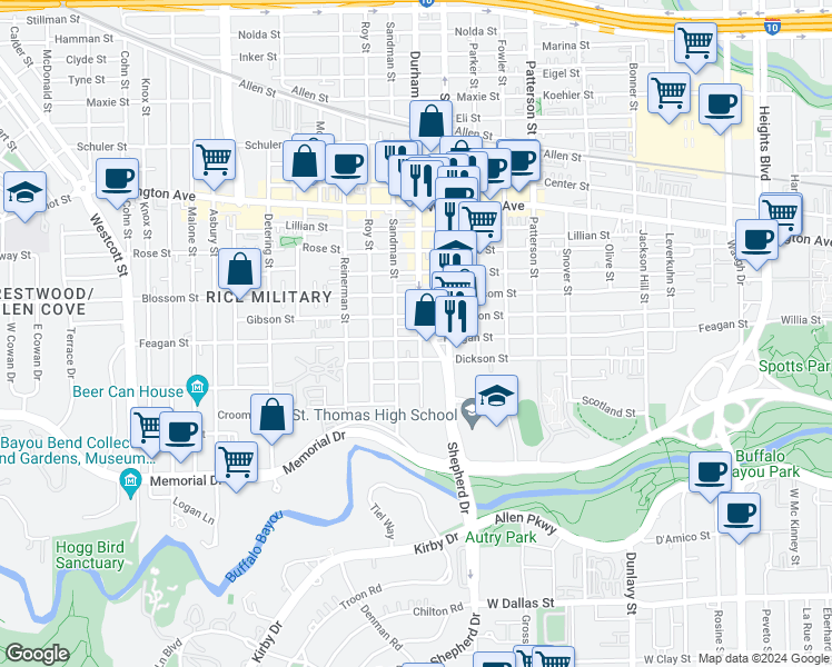 map of restaurants, bars, coffee shops, grocery stores, and more near 4902 Feagan Street in Houston