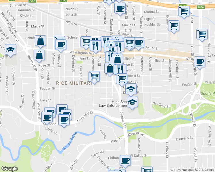 map of restaurants, bars, coffee shops, grocery stores, and more near 5015 Feagan Street in Houston