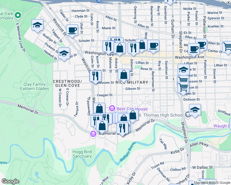 map of restaurants, bars, coffee shops, grocery stores, and more near 5504 Feagan Street in Houston