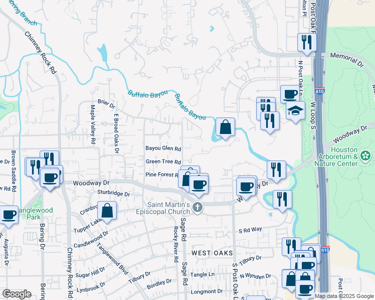 map of restaurants, bars, coffee shops, grocery stores, and more near 301 Sage Road in Houston