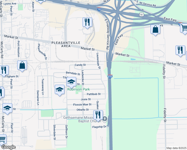 map of restaurants, bars, coffee shops, grocery stores, and more near 8742 Berndale Street in Houston
