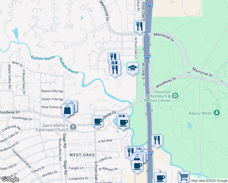 map of restaurants, bars, coffee shops, grocery stores, and more near 123 North Post Oak Lane in Houston
